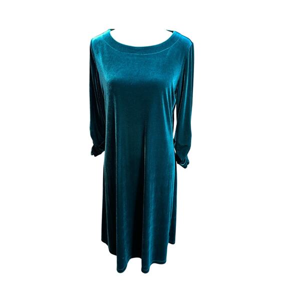 Susan Graver Dress Velvet Shift Pullover 3/4 sleeve Green M Dark Holiday wedding - Picture 1 of 8